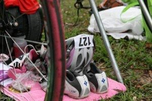 pink triathlon transition area