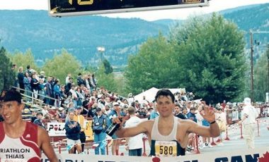 David Glover finishing Ironman Canada in 1997